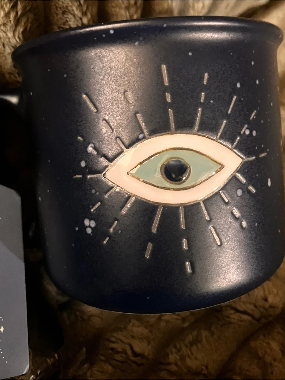 Set of 2, Hand-Painted Mystical Eye Ceramic Mug — Black with Teal Accent